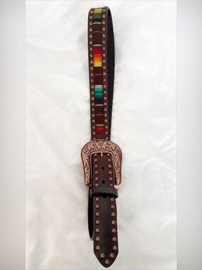 Ariat Brown Leather Studded Belt with Multicolor Woven Stripe